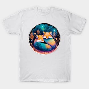 Cute Sleeping Foxes Galaxy Neon Art T-Shirt